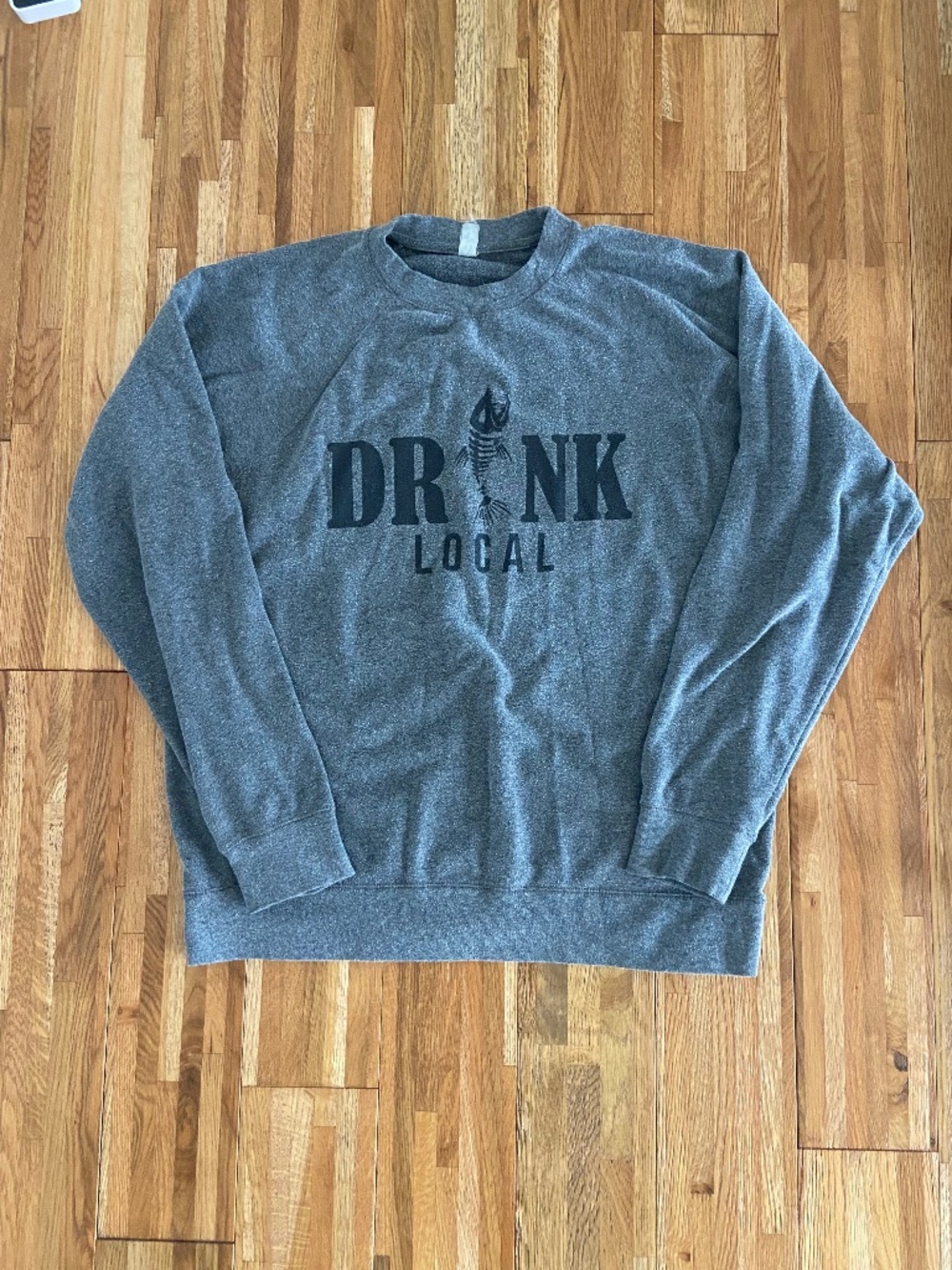 Heather Gray "Drink Local" North Dakota Fish Skeleton Sweatshirt - SizeL/XL